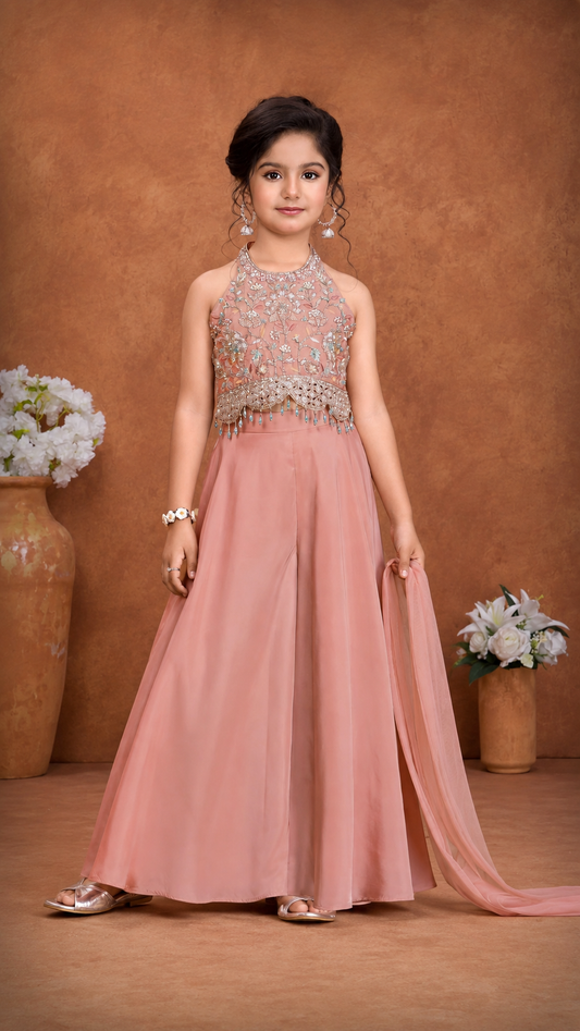 Blush Pink Embroidered Halter Neck Sharara/Palazzo Set for Girls | 5Y to 9Y