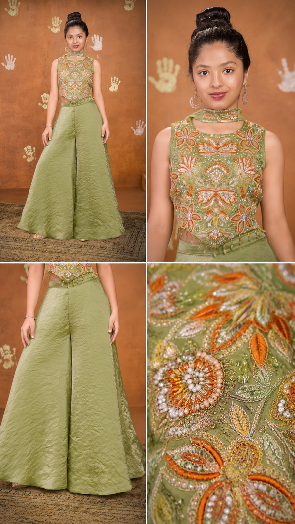 Pistachio Pearl Embroidered Palazzo Set | 5Y to 9Y