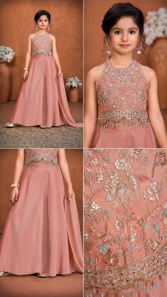 Blush Pink Embroidered Halter Neck Sharara/Palazzo Set for Girls | 5Y to 9Y