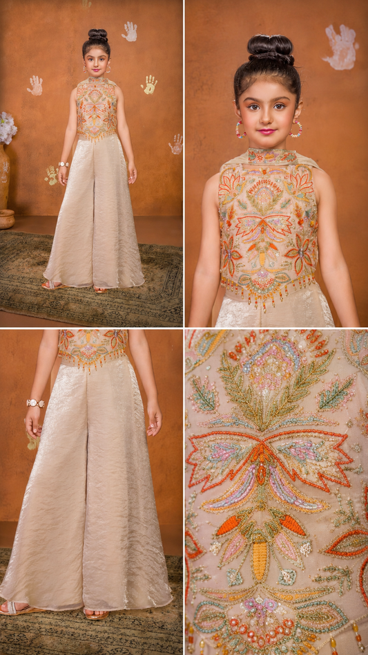 Ivory Floral Embroidered Palazzo/ Sharara Set | 5Y to 9Y