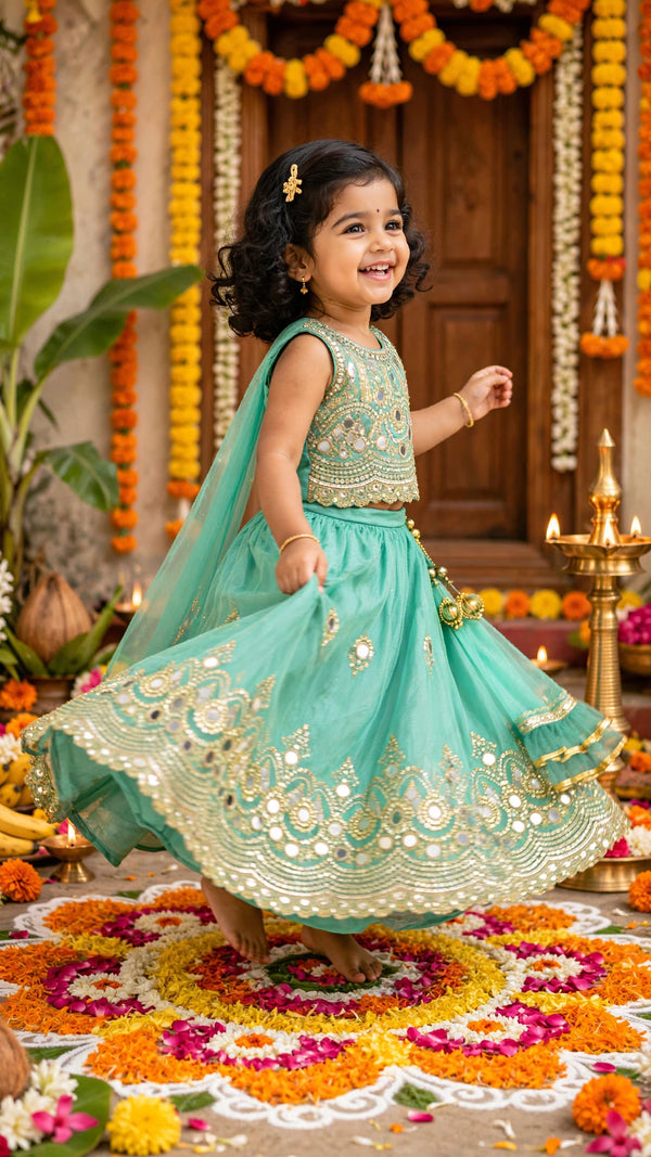 Sea Green Mirror work Lehanga | 1Y to 7Y