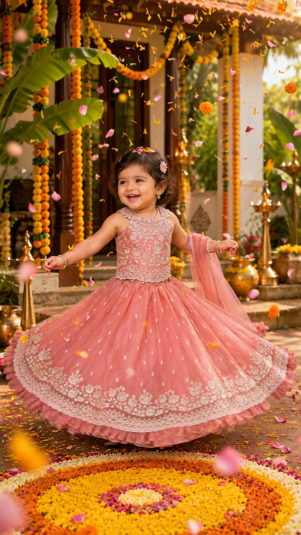 Dusty Peach Embroidered Lehenga | 1Y to 7Y