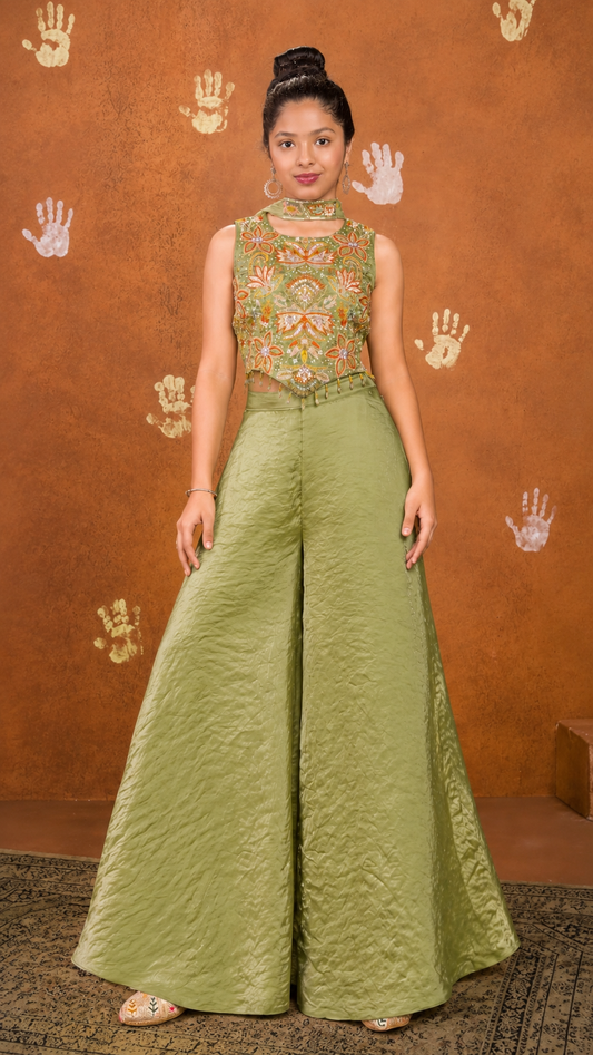 Pistachio Pearl Embroidered Palazzo Set | 5Y to 9Y