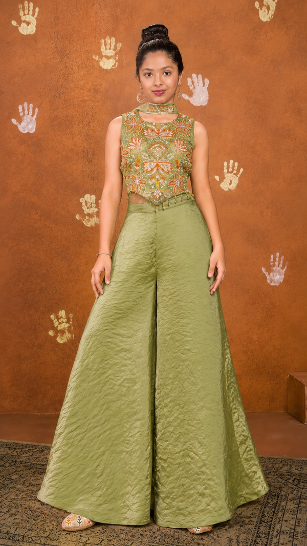 Pistachio Pearl Embroidered Palazzo Set | 5Y to 9Y