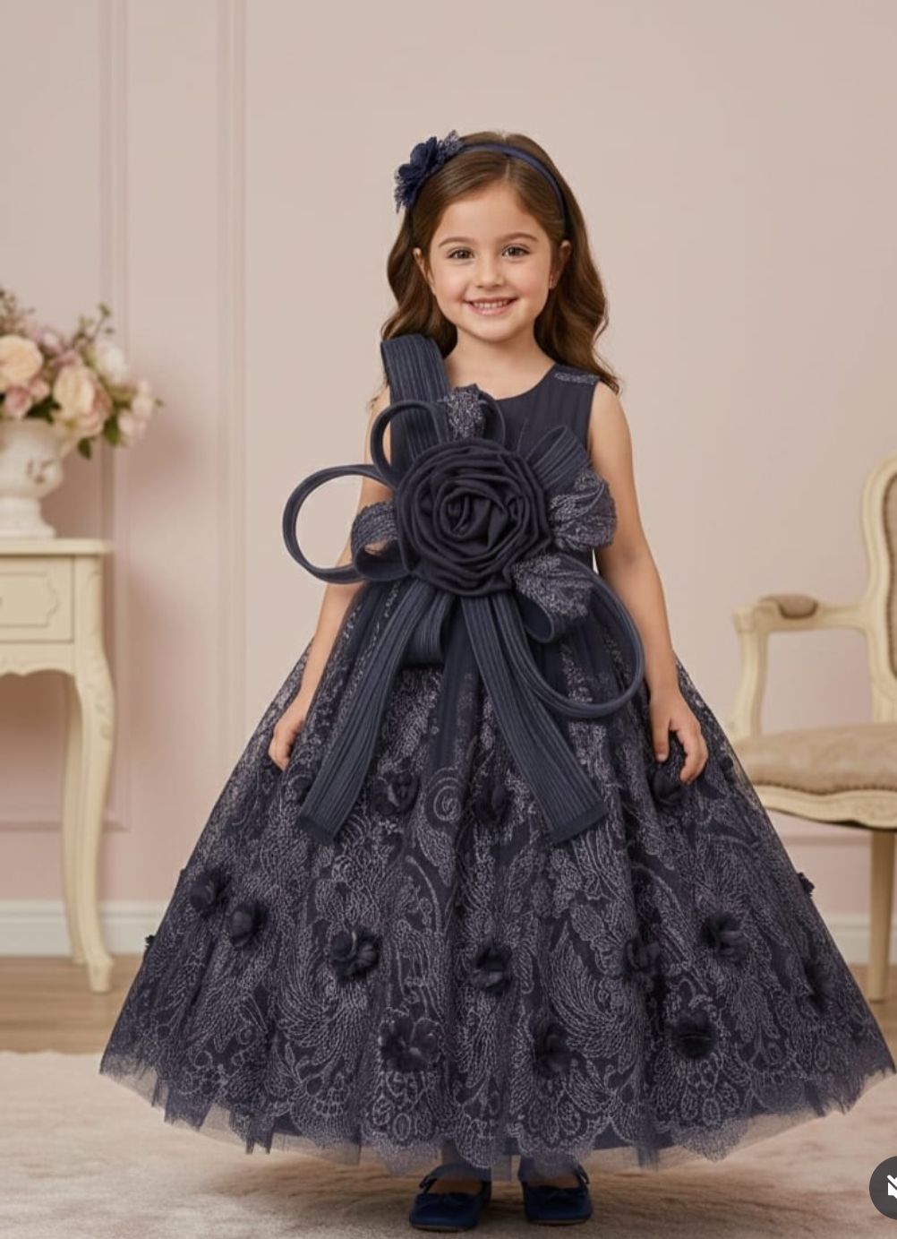 Black Floral Princess Gown for Girls