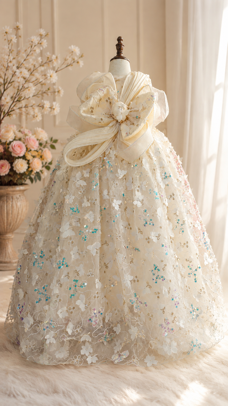 Ivory with Aqua blue Sequine Princess Gown | 3Y to 9Y