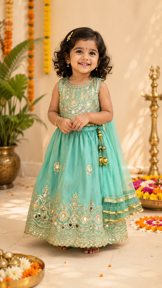 Sea Green Mirror work Lehanga Set for Girls | Kids Ethnic Wear Dress