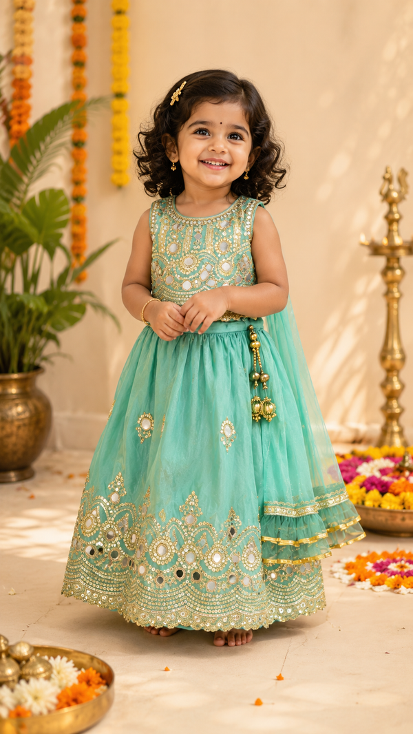 Sea Green Mirror work Lehanga | 1Y to 7Y