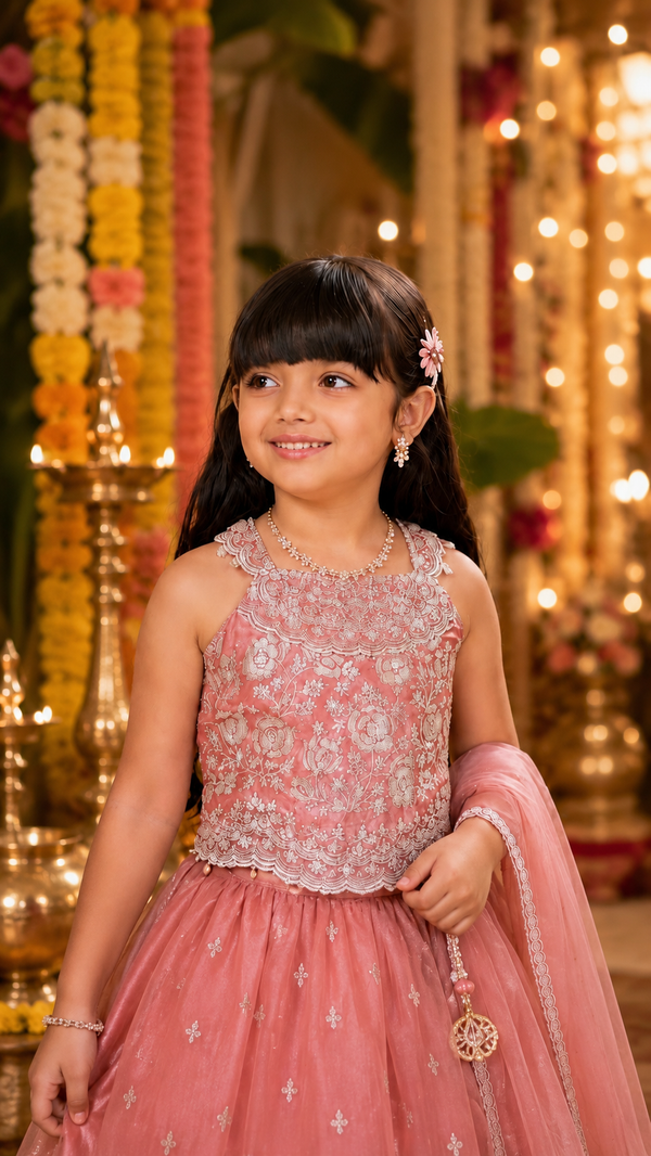 Dusty Peach Embroidered Lehenga | 1Y to 7Y