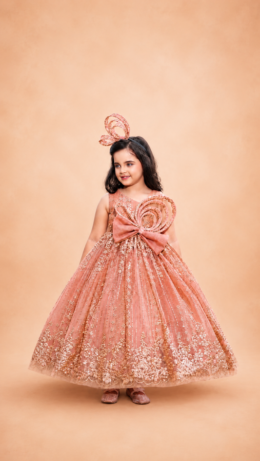 Blush Peach Rosette Princess Gown | Kids Party Wear