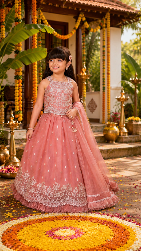 Dusty Peach Embroidered Lehenga | 1Y to 7Y