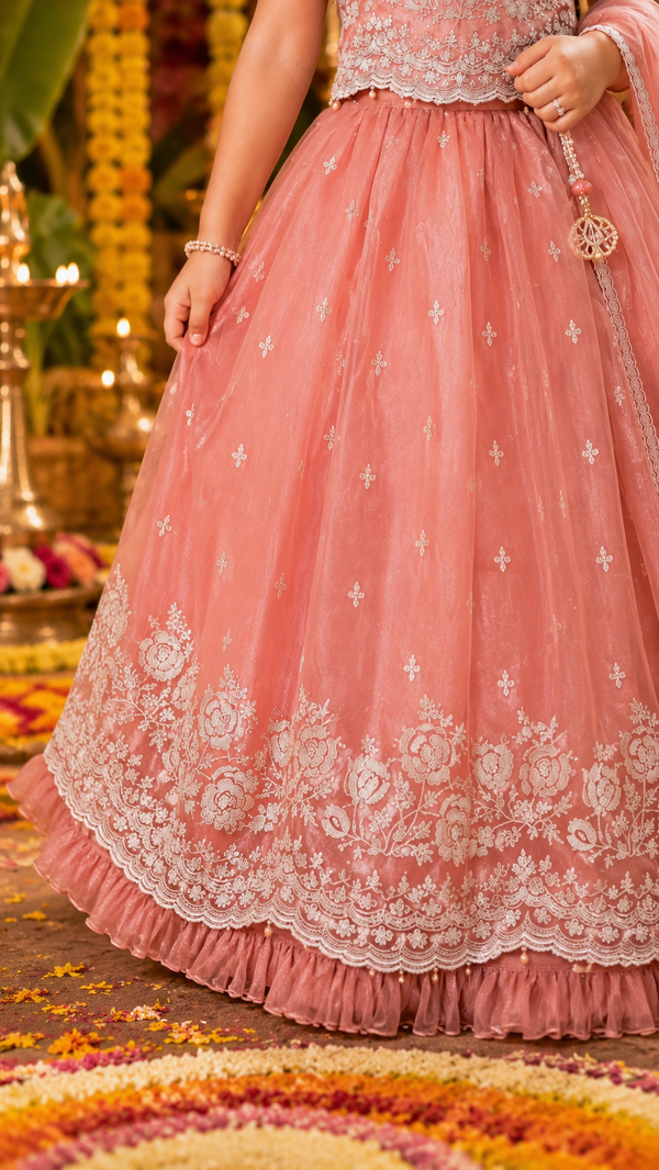 Dusty Peach Embroidered Lehenga | 1Y to 7Y